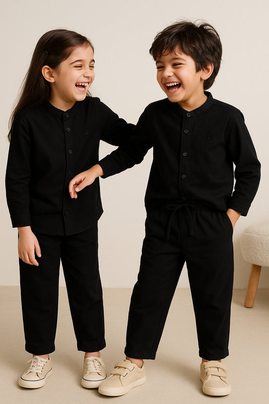 Boys & Girls Cotton Linen Black Shirt &  Trouser Co-Ord Set