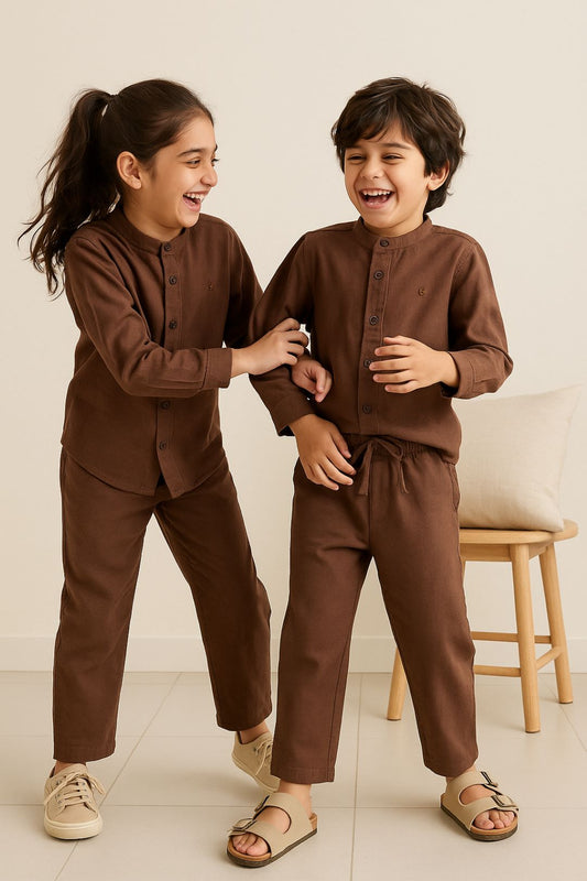 Boys & Girls Cotton Linen Brown Shirt & Trouser Co-Ord Set