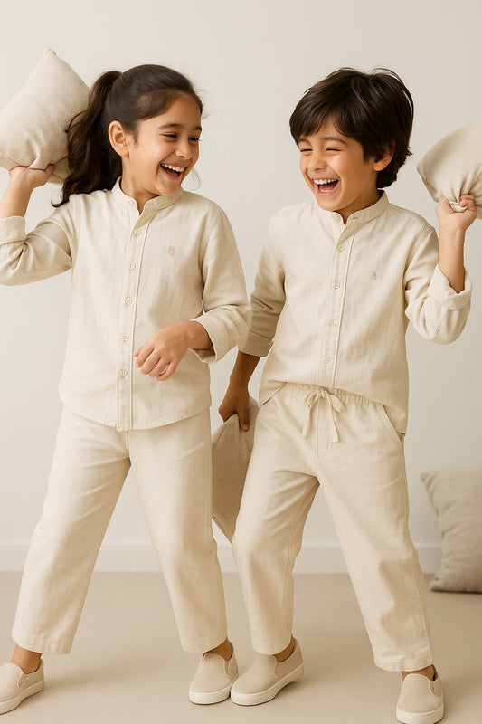 Boys & Girls Cotton Linen Beige Shirt & Trouser Co-Ord Set