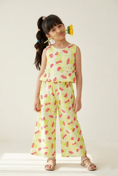 Girls Yellow Printed Top & Palazzo Co-ords Set