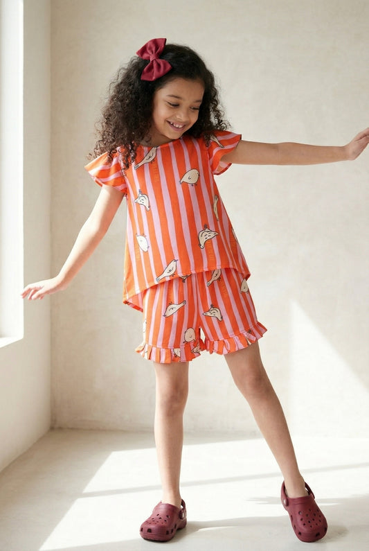Girls Pink Orange Printed Top Shorts Co-Ord Set