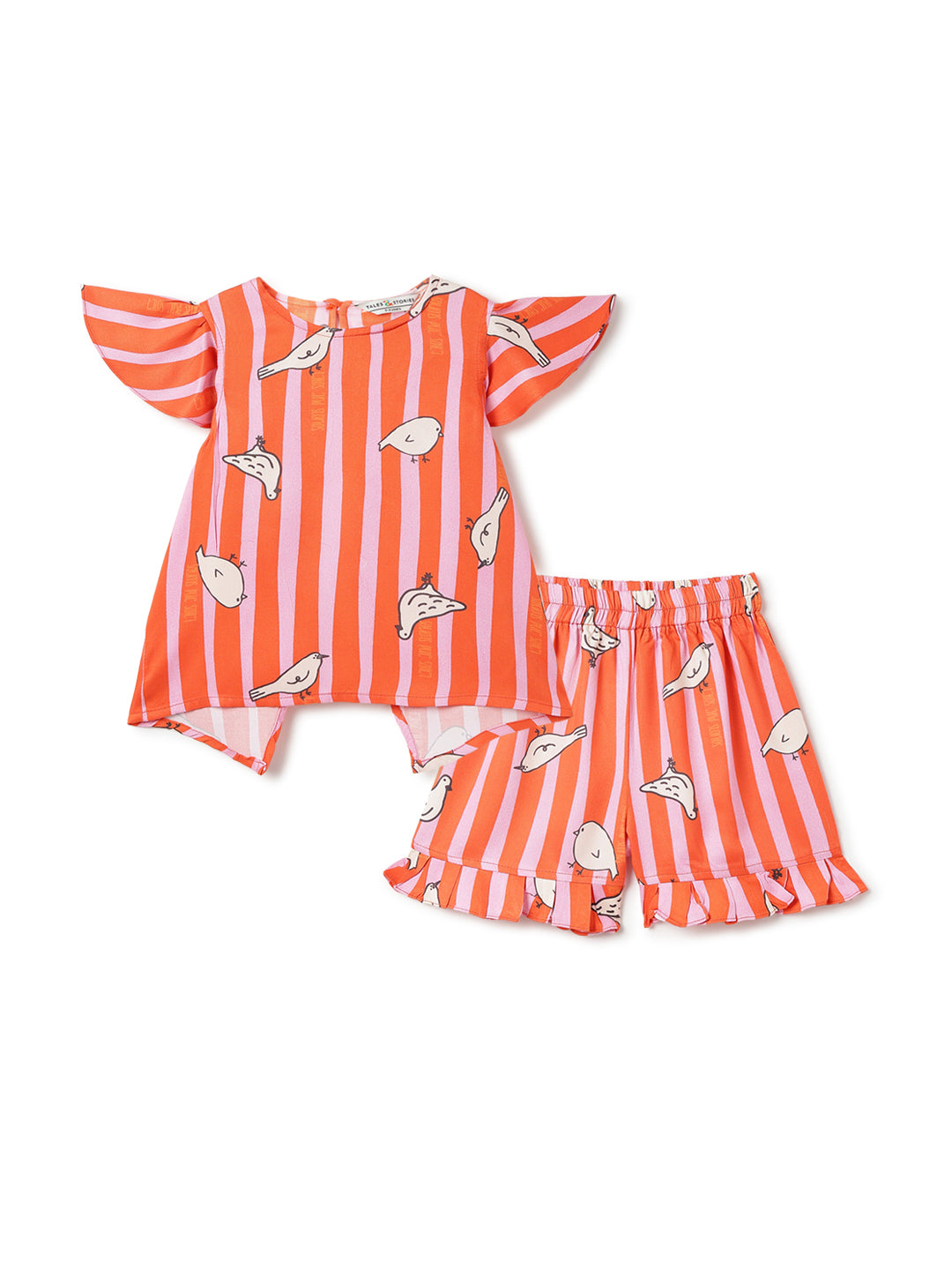 Girls Pink Orange Printed Top Shorts Co-Ord Set
