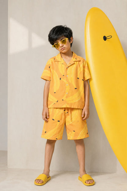 Boys Cotton Printed Oversized Shirt & Shorts Co-ord Set