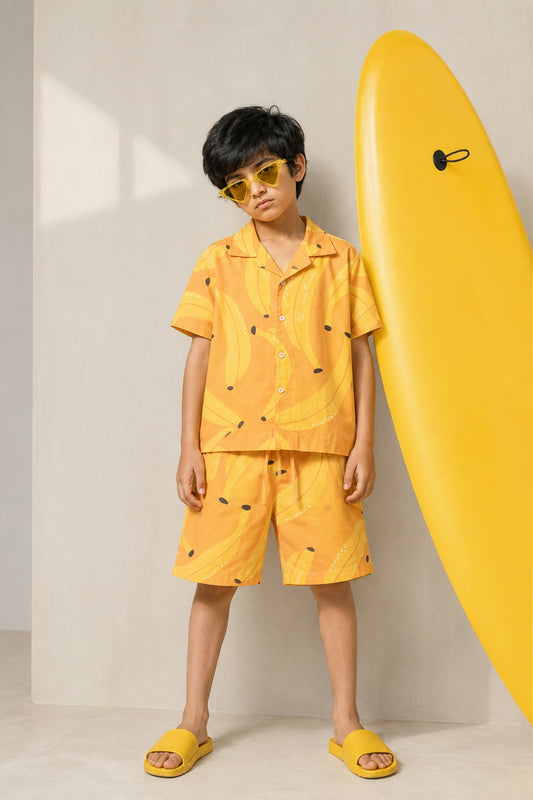 Boys Cotton Printed Oversized Shirt & Shorts Co-ord Set