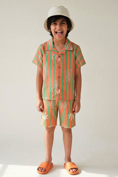 Boys Cotton Striped Oversized Shirt & Shorts Co-ord Set