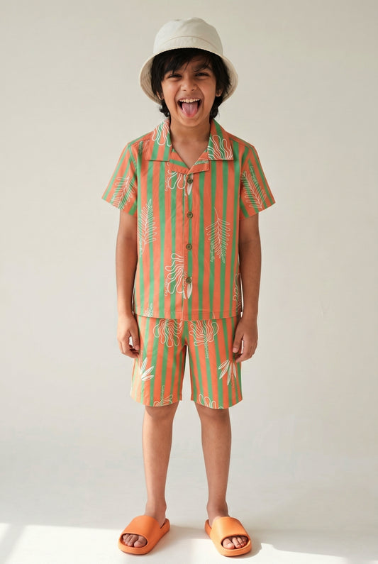 Boys Cotton Striped Oversized Shirt & Shorts Co-ord Set