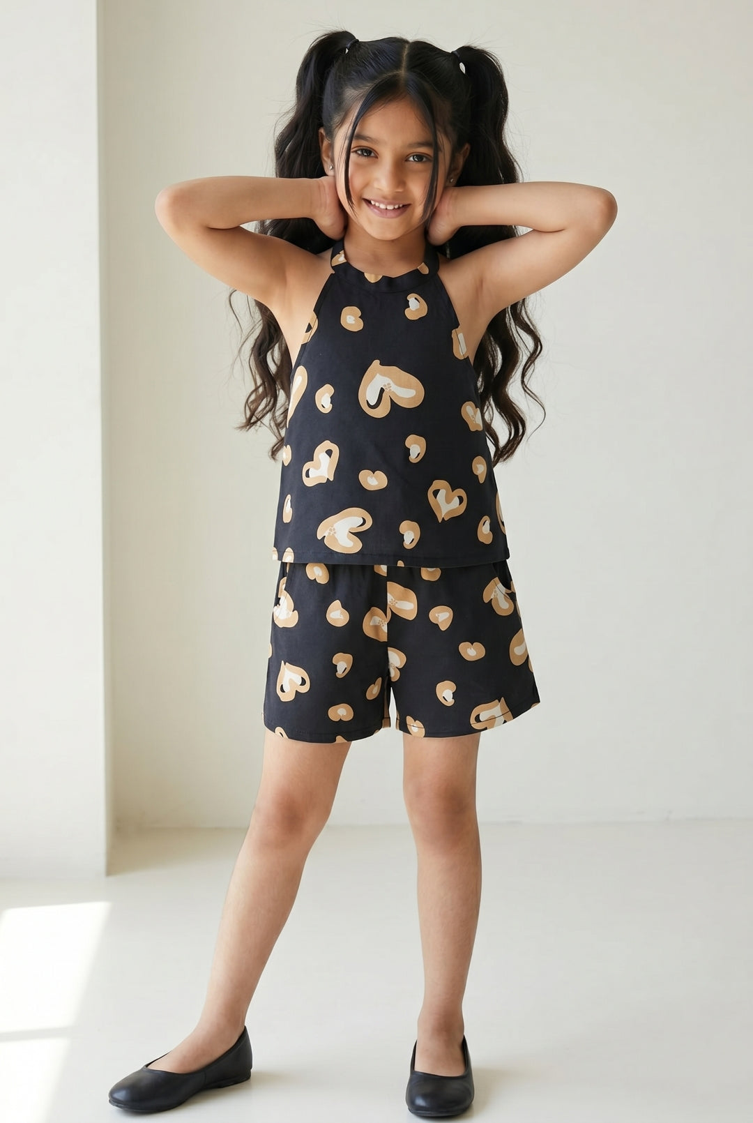 Girls Black Cotton Printed Halter Neck Top & Shorts Co-ord Set