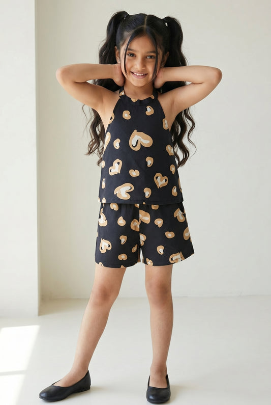 Girls Black Cotton Printed Halter Neck Top & Shorts Co-ord Set