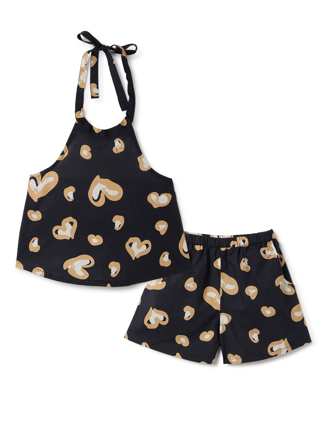 Girls Black Cotton Printed Halter Neck Top & Shorts Co-ord Set