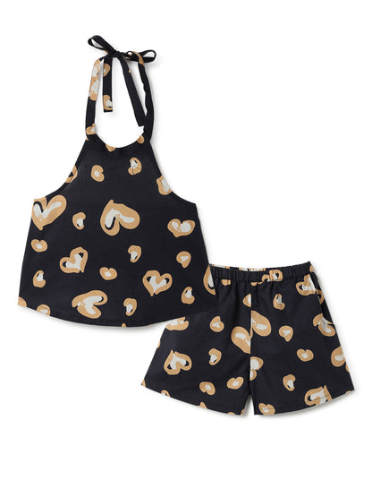 Girls Black Cotton Printed Halter Neck Top & Shorts Co-ord Set
