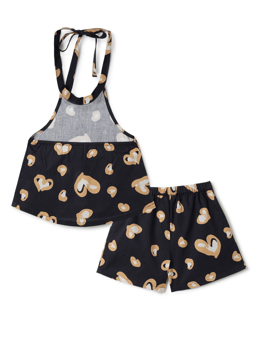 Girls Black Cotton Printed Halter Neck Top & Shorts Co-ord Set