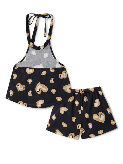 Girls Black Cotton Printed Halter Neck Top & Shorts Co-ord Set