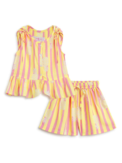 Girls Yellow & Pink Striped Top & Shorts Co-Ord Set