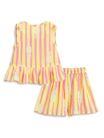 Girls Yellow & Pink Striped Top & Shorts Co-Ord Set