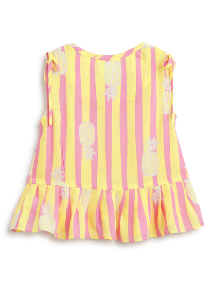 Girls Yellow & Pink Striped Top & Shorts Co-Ord Set