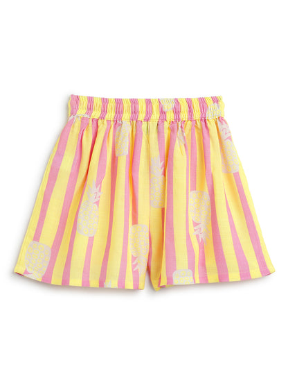 Girls Yellow & Pink Striped Top & Shorts Co-Ord Set
