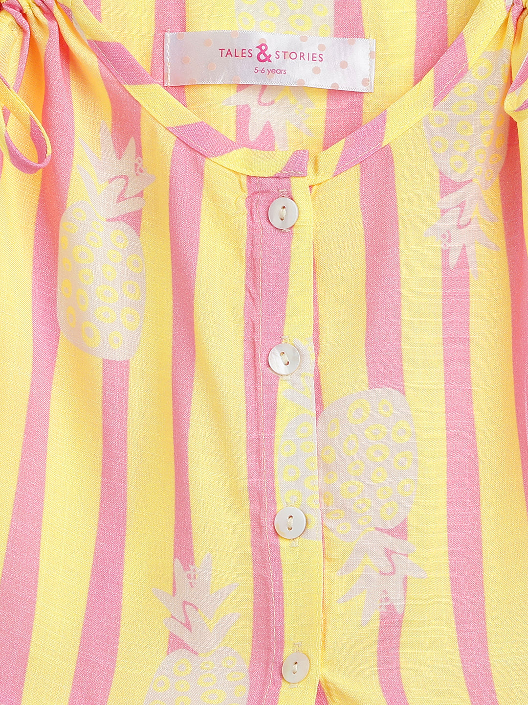 Girls Yellow & Pink Striped Top & Shorts Co-Ord Set
