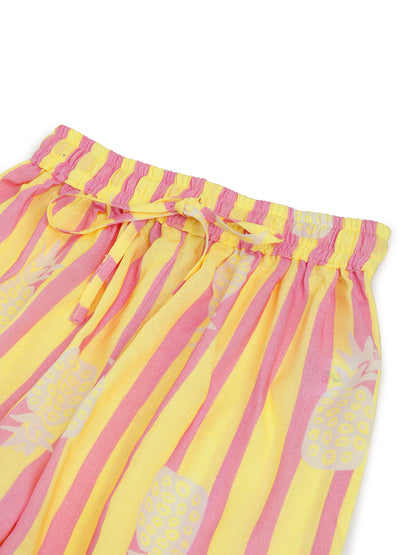 Girls Yellow & Pink Striped Top & Shorts Co-Ord Set