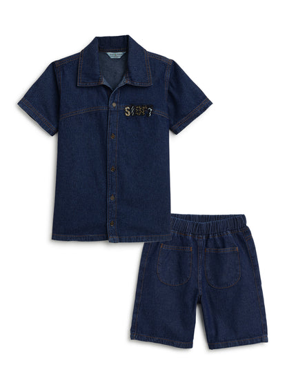 Boys Dark Blue Denim Oversized Shirt & Shorts Co-Ord Set