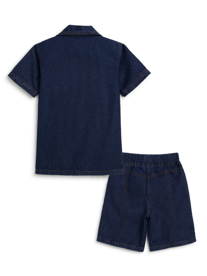 Boys Dark Blue Denim Oversized Shirt & Shorts Co-Ord Set