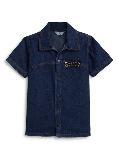 Boys Dark Blue Denim Oversized Shirt & Shorts Co-Ord Set