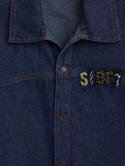 Boys Dark Blue Denim Oversized Shirt & Shorts Co-Ord Set