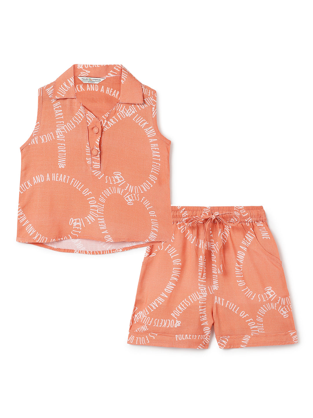 Girls Orange Printed Top & Shorts Co-Ord Set