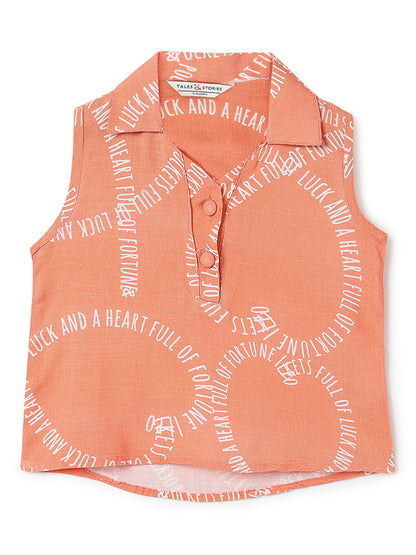 Girls Orange Printed Top & Shorts Co-Ord Set