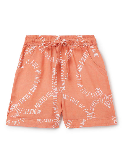 Girls Orange Printed Top & Shorts Co-Ord Set