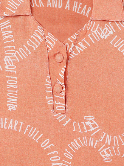 Girls Orange Printed Top & Shorts Co-Ord Set