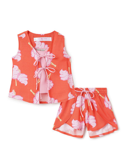 Girls Red Printed Sleeveless Tie-Up Top, Camisole & Drawstring Shorts 3-Piece Outfit Set