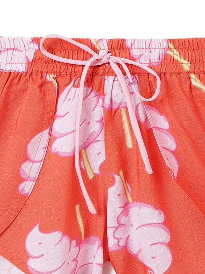 Girls Red Printed Sleeveless Tie-Up Top, Camisole & Drawstring Shorts 3-Piece Outfit Set