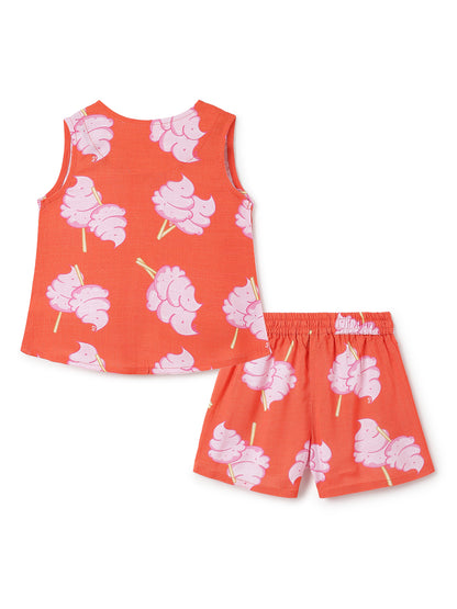 Girls Red Printed Sleeveless Tie-Up Top, Camisole & Drawstring Shorts 3-Piece Outfit Set