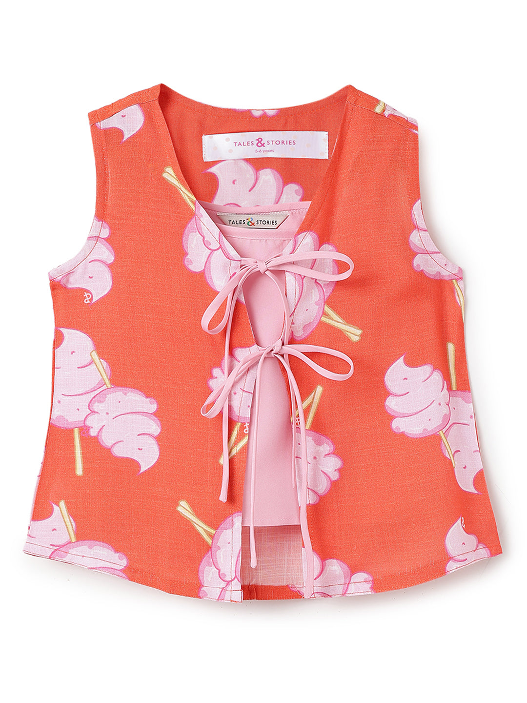Girls Red Printed Sleeveless Tie-Up Top, Camisole & Drawstring Shorts 3-Piece Outfit Set