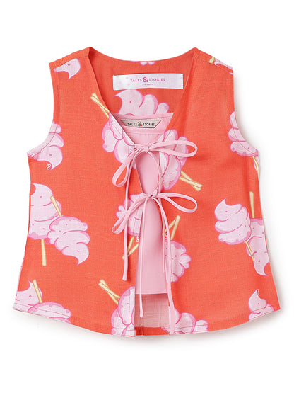 Girls Red Printed Sleeveless Tie-Up Top, Camisole & Drawstring Shorts 3-Piece Outfit Set