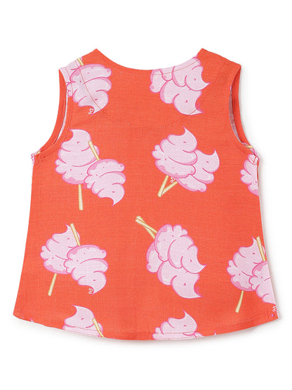 Girls Red Printed Sleeveless Tie-Up Top, Camisole & Drawstring Shorts 3-Piece Outfit Set