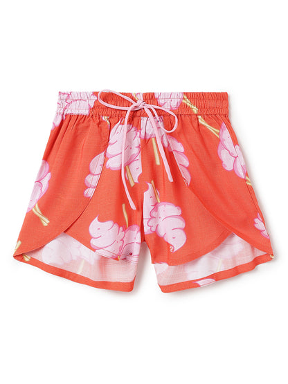 Girls Red Printed Sleeveless Tie-Up Top, Camisole & Drawstring Shorts 3-Piece Outfit Set