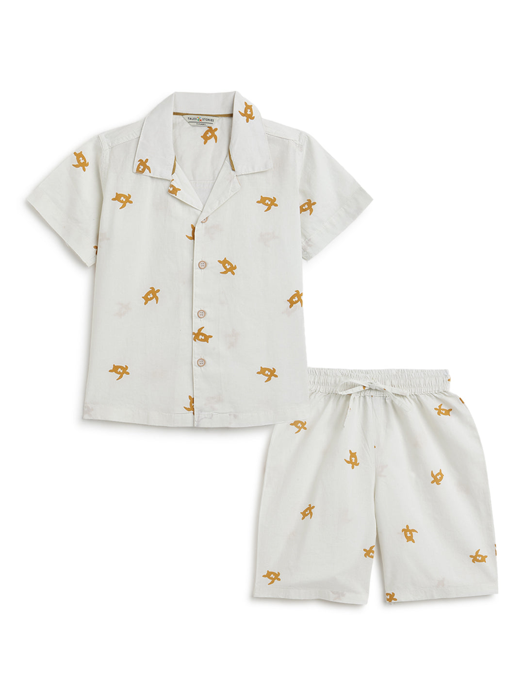 Boys Cotton Off White Animal Print Shirt & Shorts Co-Ord Set