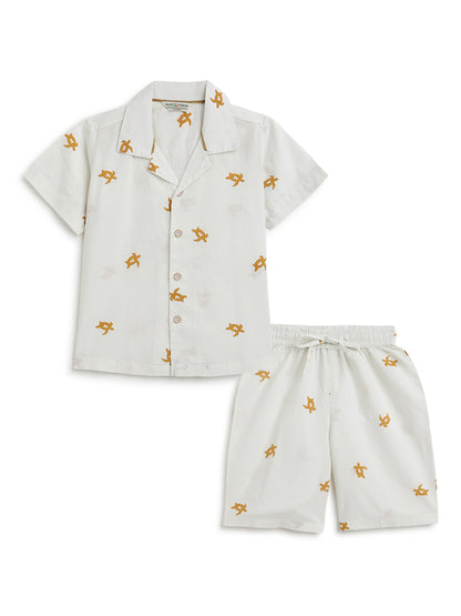Boys Cotton Off White Animal Print Shirt & Shorts Co-Ord Set