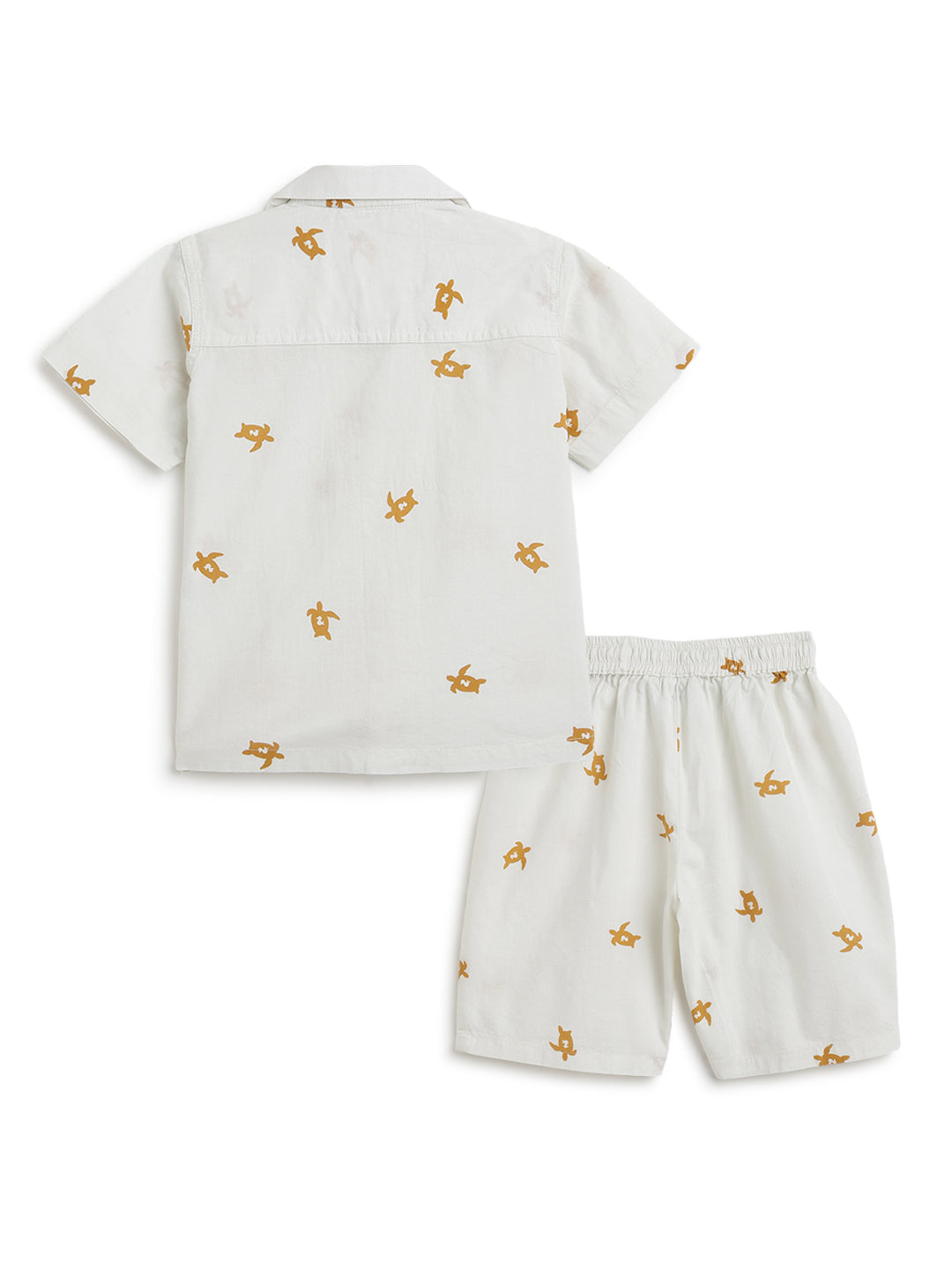 Boys Cotton Off White Animal Print Shirt & Shorts Co-Ord Set