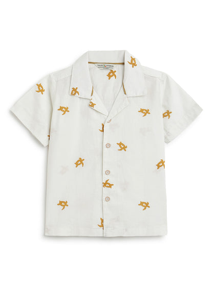 Boys Cotton Off White Animal Print Shirt & Shorts Co-Ord Set