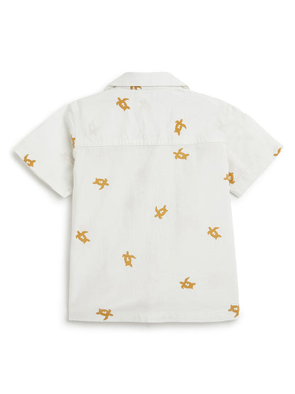 Boys Cotton Off White Animal Print Shirt & Shorts Co-Ord Set