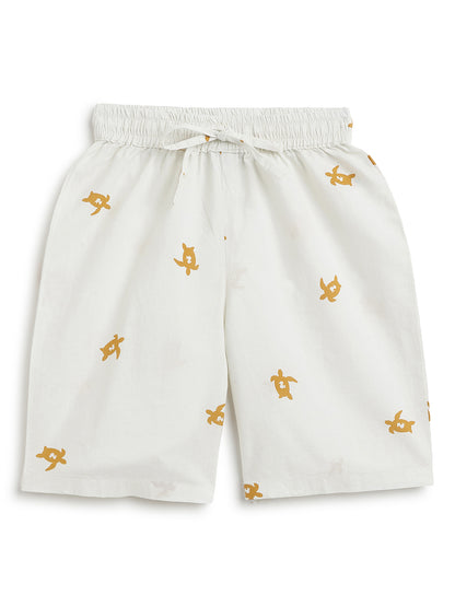 Boys Cotton Off White Animal Print Shirt & Shorts Co-Ord Set