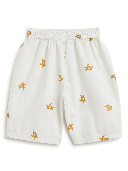 Boys Cotton Off White Animal Print Shirt & Shorts Co-Ord Set