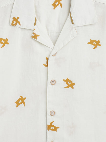 Boys Cotton Off White Animal Print Shirt & Shorts Co-Ord Set