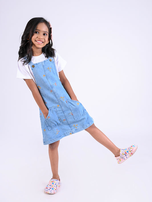 Girls Light Blue Printed Dungaree