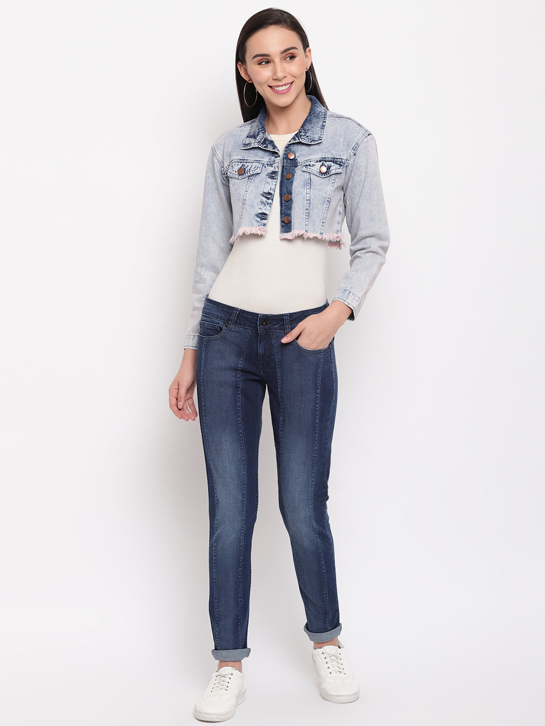 Women Pink Tinted Cropped Denim Jacket