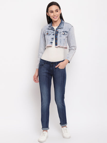 Women Pink Tinted Cropped Denim Jacket