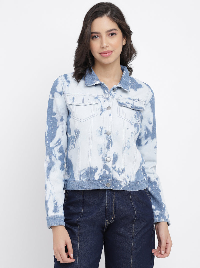 Women Light Blue Regular Fit Denim Cotton Tie & Dye Washed Jacket