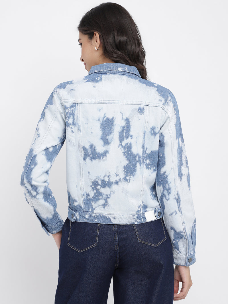 Women Light Blue Regular Fit Denim Cotton Tie & Dye Washed Jacket